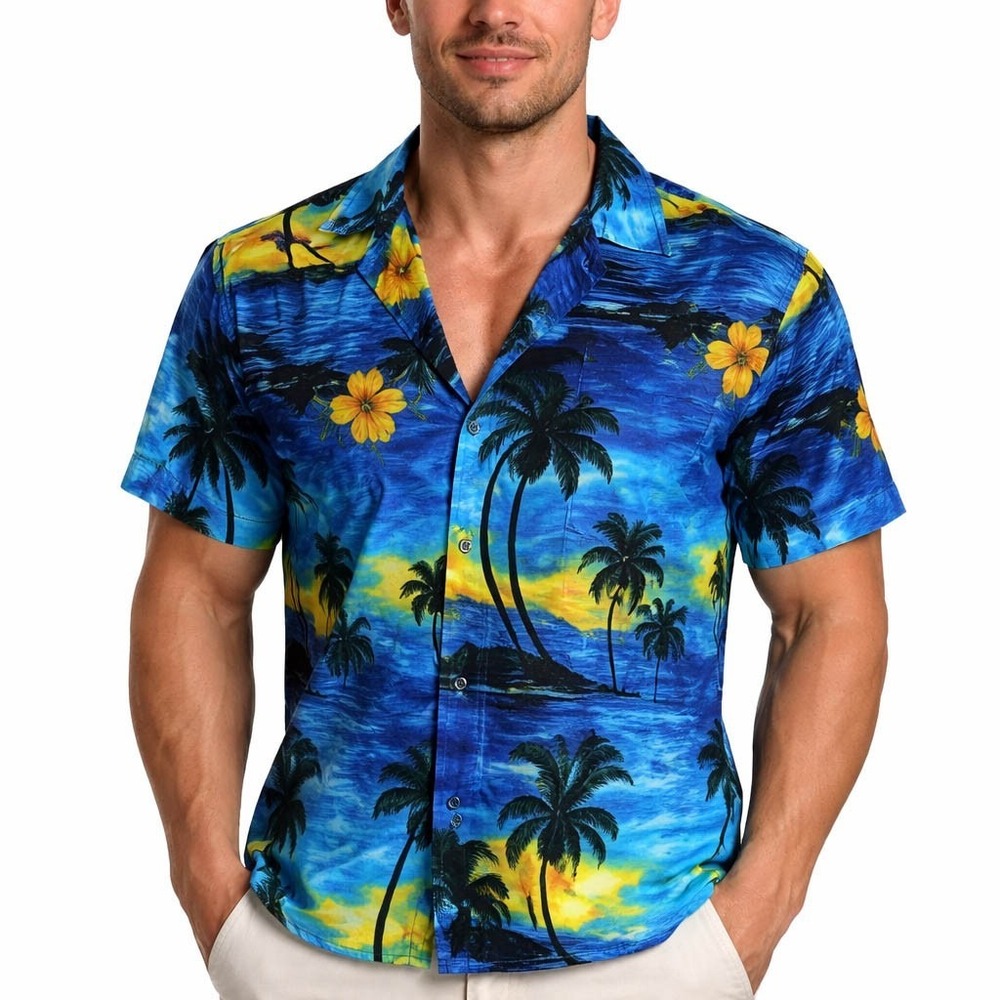 Royal Creations Vtg Hawaiian Aloha Shirt XL Sunset Waves‎ Island Palms Flowers